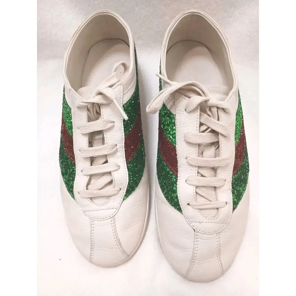 RARE Gucci Falacer Glitter Sneakers Men Sz 7 White Leather Green Red SPARKLE